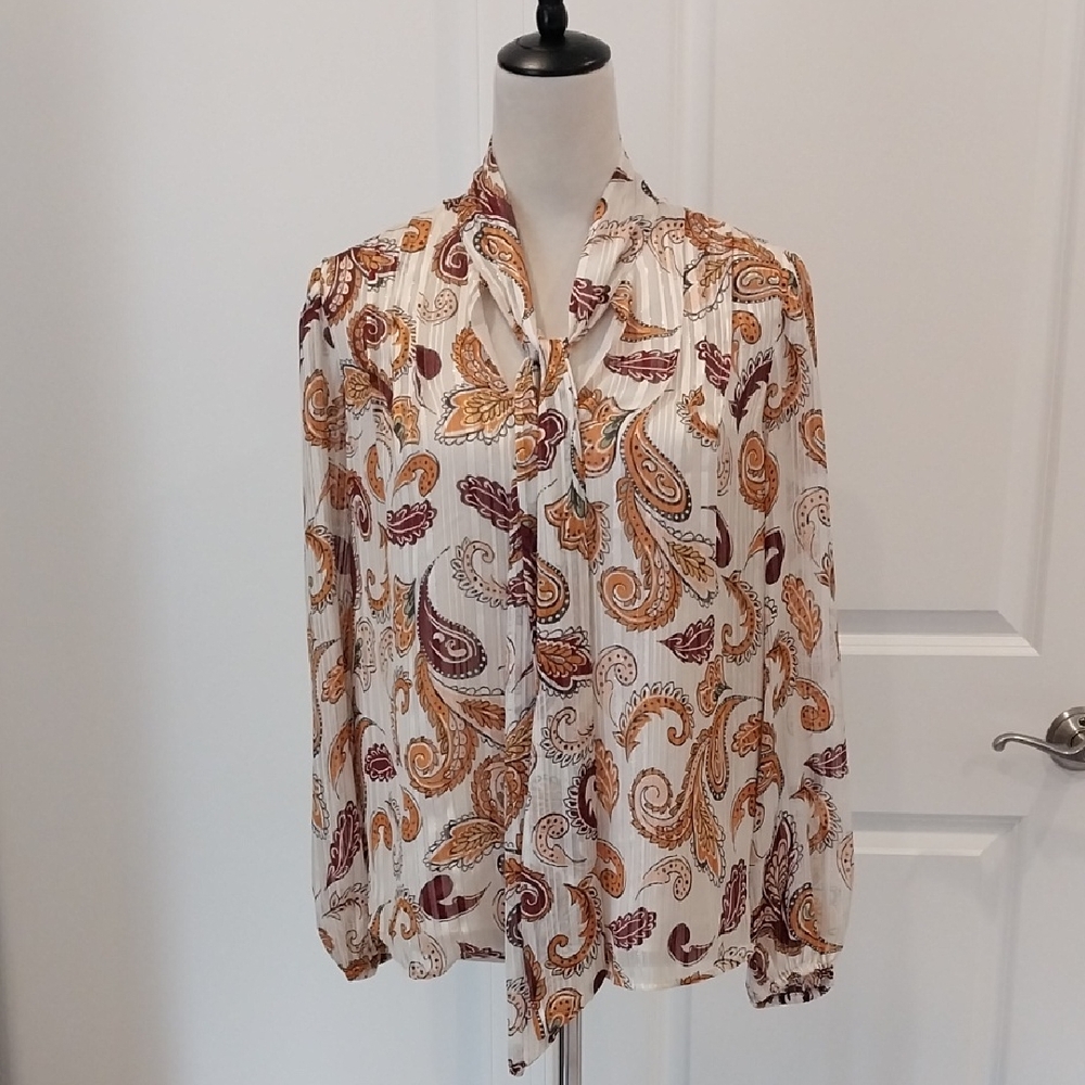 Ann Taylor Cream Paisley Tie-Neck Blouse with Gold & Brown Accents